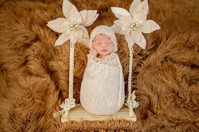 Newborn Baby Girl on a Swing wit a brown furr background In Studio Niagara Falls